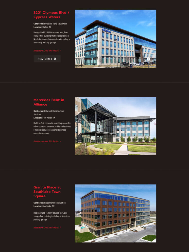 Image showing three commercial buildings: 3201 Olympus Blvd in Cypress Waters, Mercedes Benz in Alliance, and Granite Place at Southlake Town Square. Each building is accompanied by a project description highlighting their online presence.