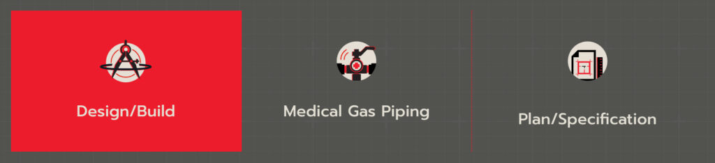 Three icons with labels: a design/build icon with a red background, a medical gas piping icon, and a plan/specification icon. Howard Kane Plumbing reimagines its online presence with these updated visuals.