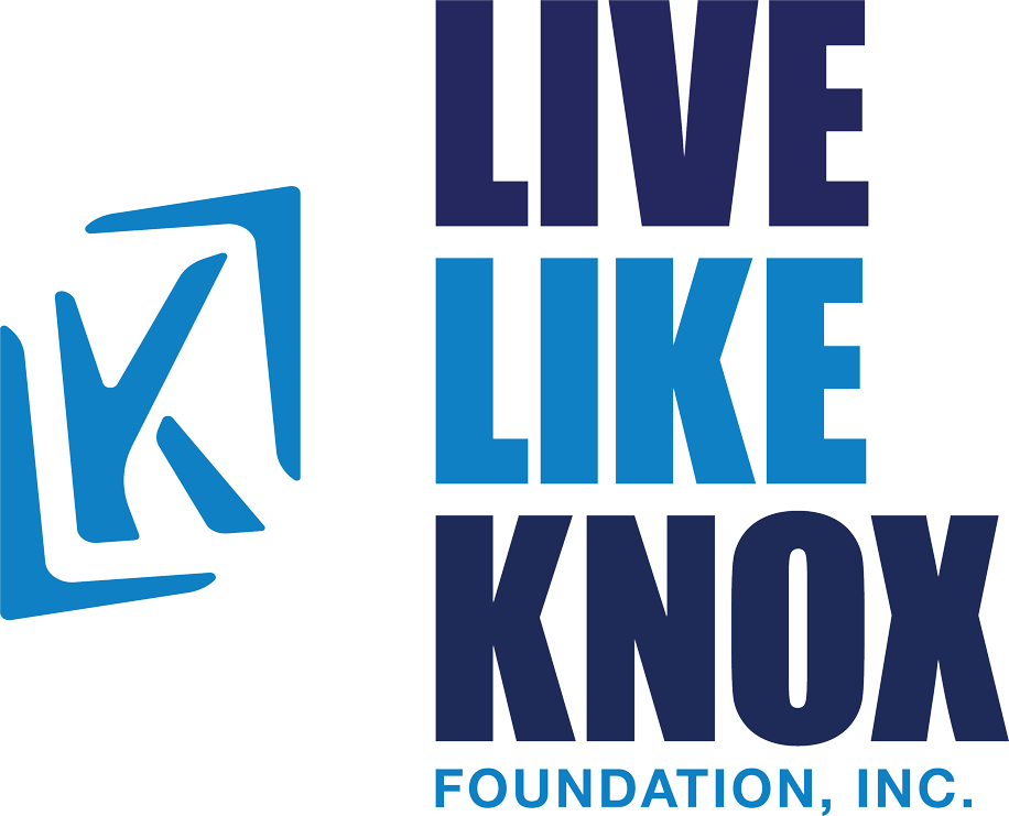 Logo of Live Like Knox Foundation, Inc. with a stylized "K" on the left and the text "Live Like Knox Foundation, Inc." in blue and navy on the right.