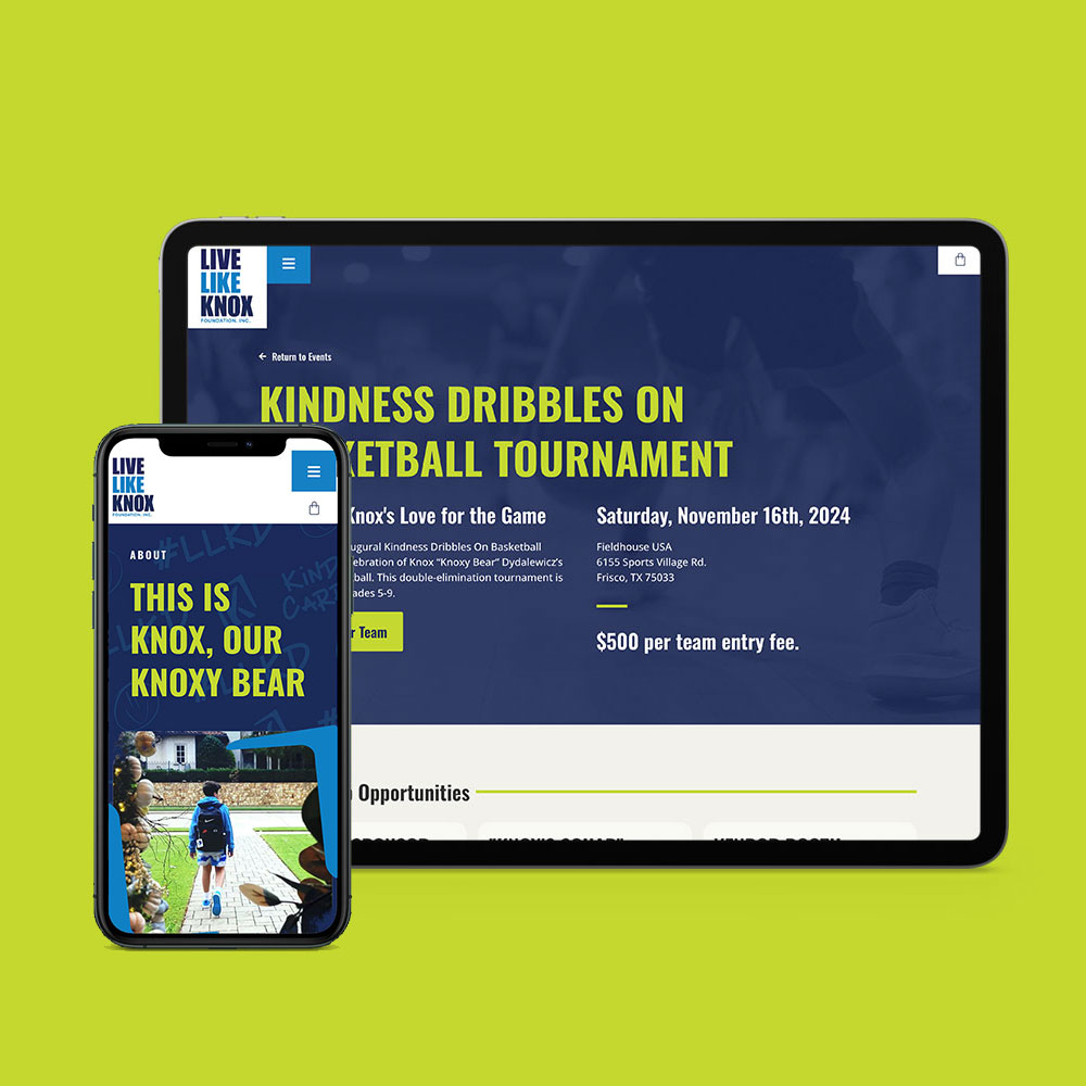 A tablet and smartphone showcase a website for the "Kindness Dribbles" basketball tournament, proudly supported by the Live Like Knox Foundation.