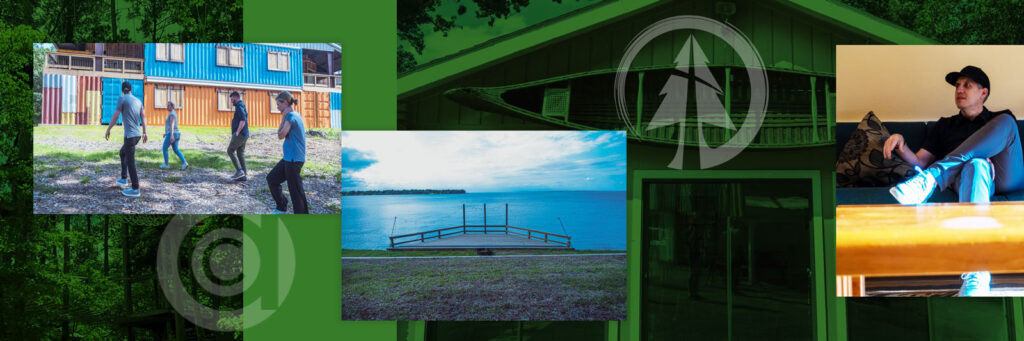 Collage with people walking, lakeside view with dock at Camp Cho-Yeh, and a person sitting indoors, set against a green forested background.