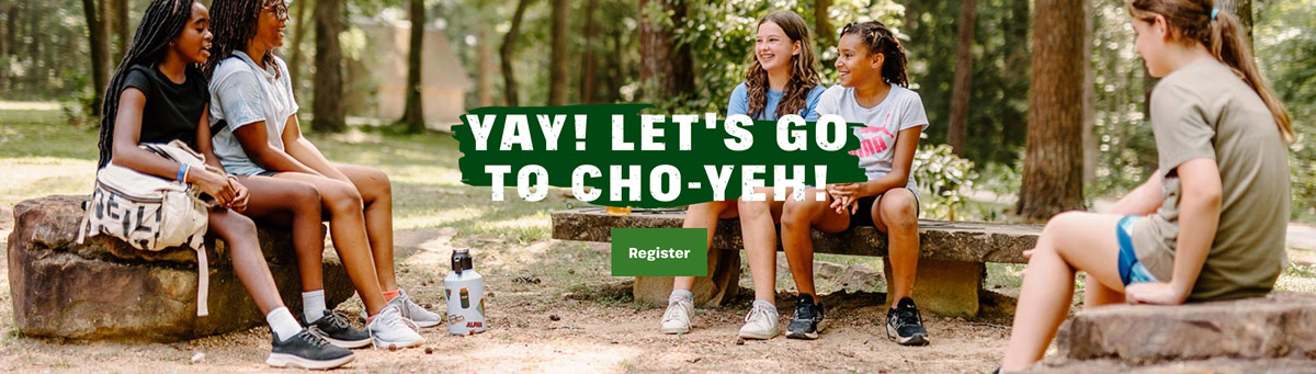 Children sit on stone benches in a wooded area, talking and smiling. Text overlay says "Yay! Let's go to Cho-Yeh!" with a "Register" button below.