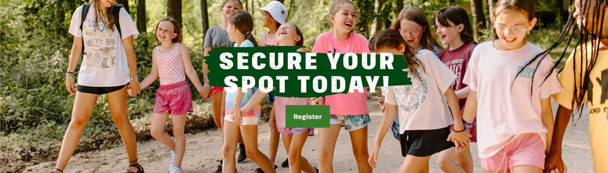 Group of smiling children and adults walking on a path in a forest. Text reads, "Secure your spot today!" with a green "Register" button.