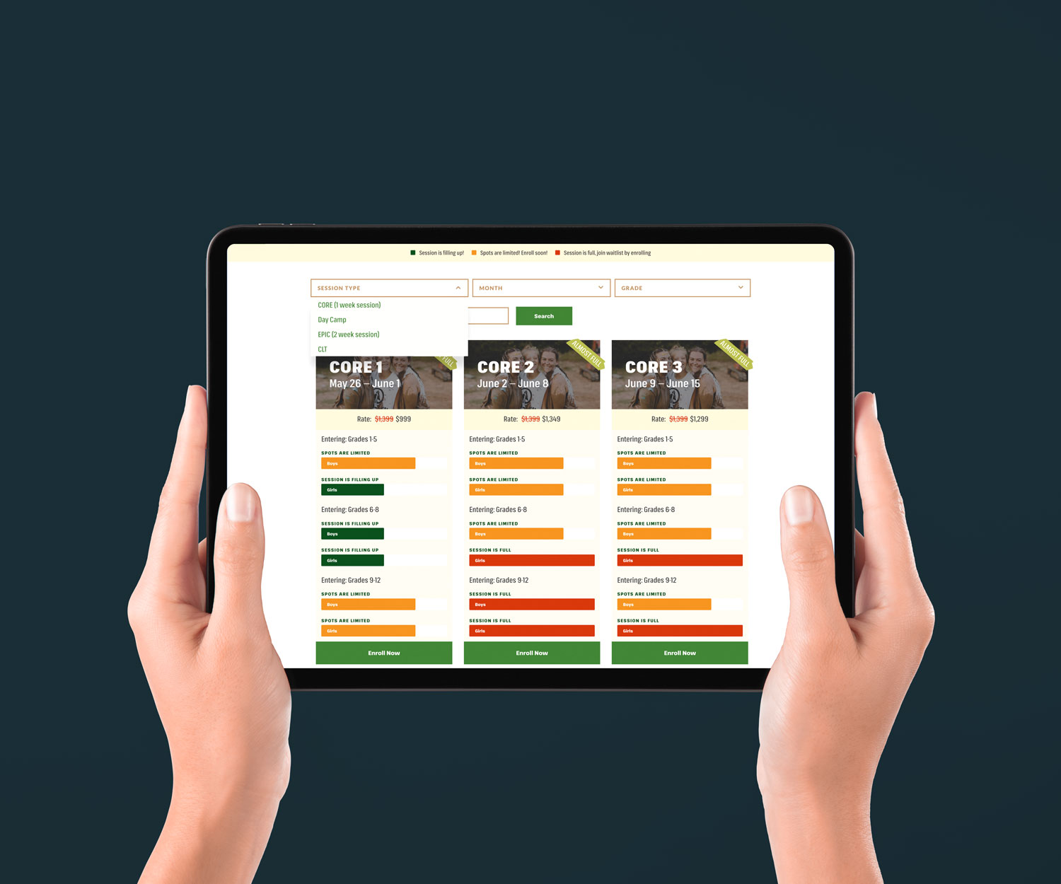 Hands holding a tablet display a course selection interface with options labeled CORE 1, CORE 2, and CORE 3. Each course card shows vibrant progress bars and enrollment details, enhancing its online presence. Yay for seamless learning experiences!
.